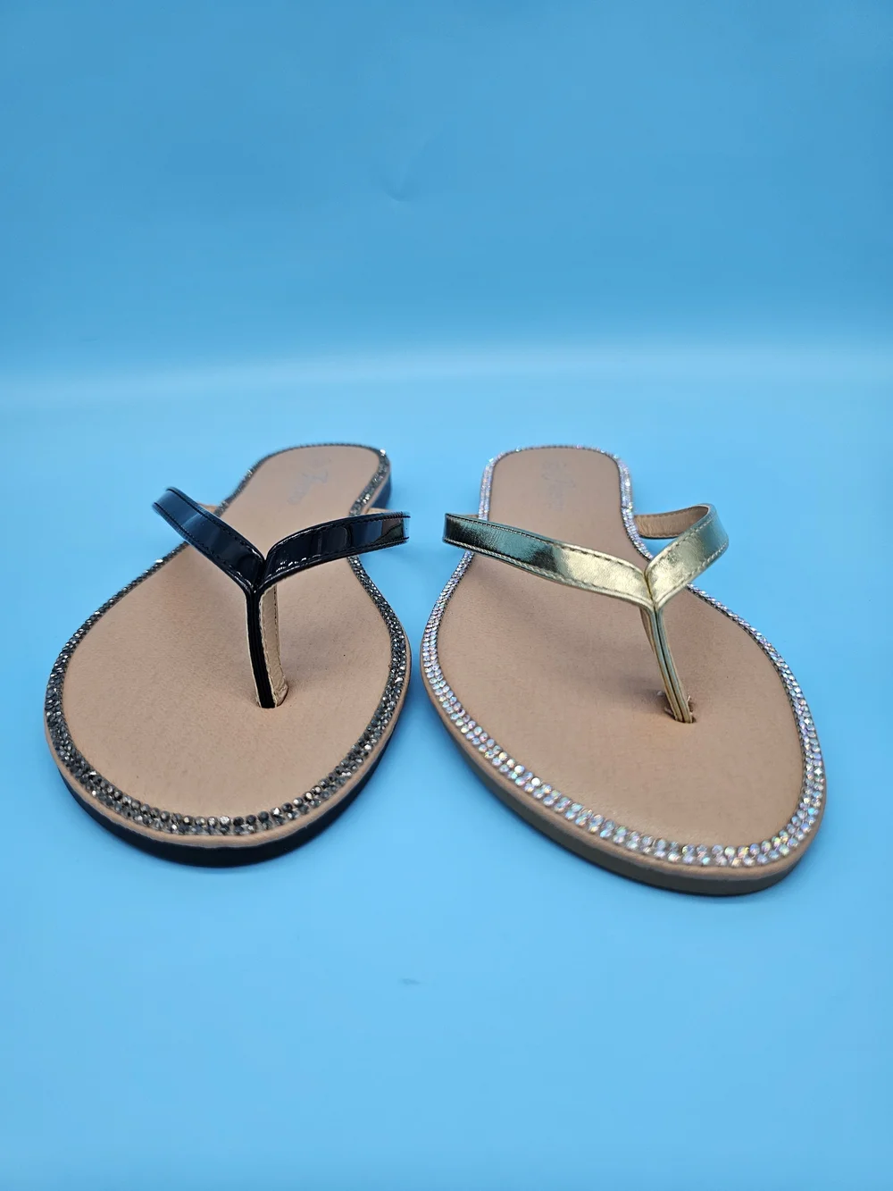 Women’s Metallic Gold Rhinestone Trim Flip Flop Sandals - Picture 2 of 6